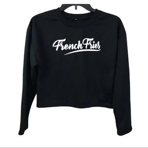 French Fries Graphic‎ Cropped Sweatshirt Black Long Sleeve Size S